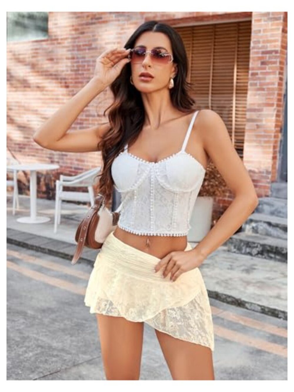 Lace Layered Mini Skirt Ruched A Line Tiered Ruffle - Picture 6 of 6